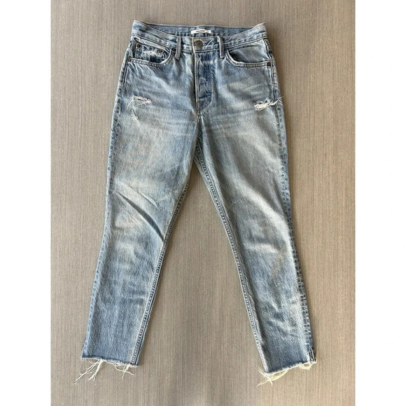 GRLFRND Karolina High Rise Straight Jeans Raw Hem Distressed 27 - Picture 1 of 8